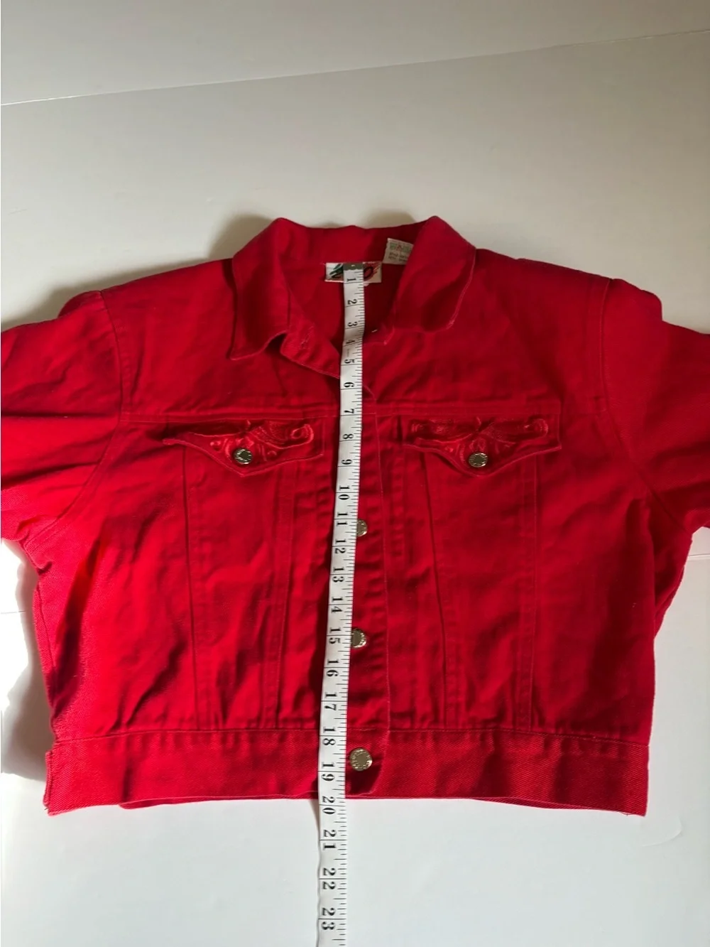 Vintage 90s Red Cropped Denim Jacket Boxy Retro Streetwear 2750, Sz 9/Medium. - Picture 13 of 16